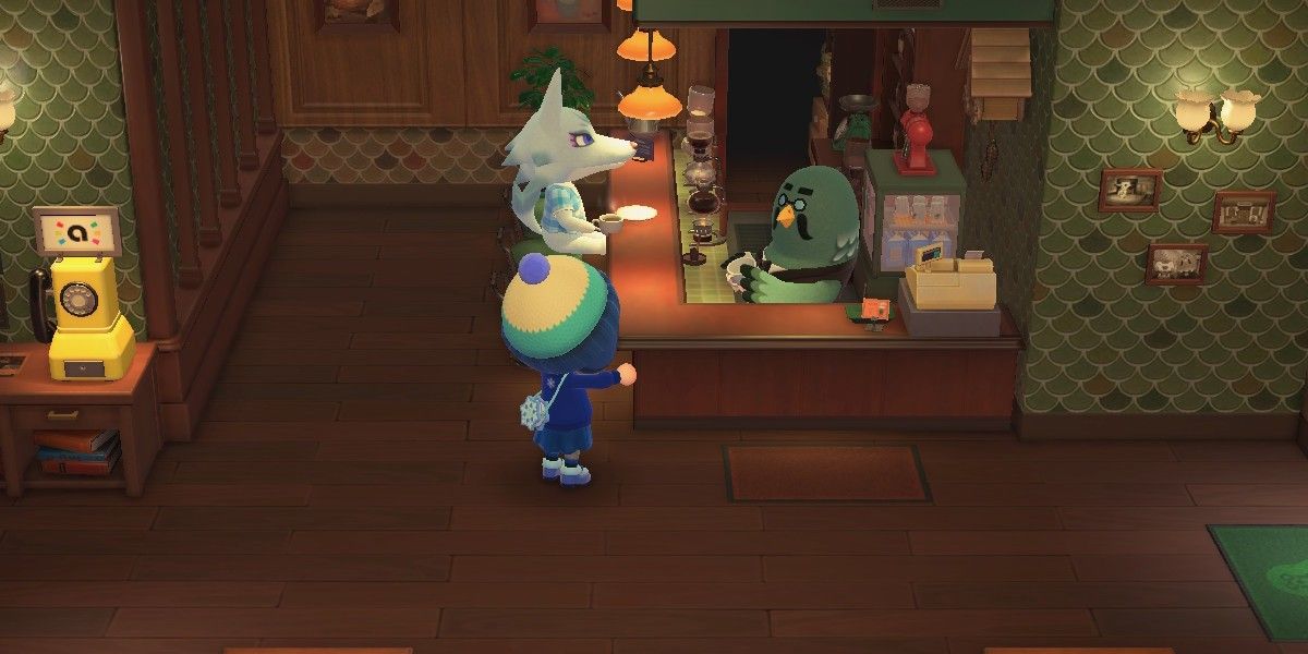 animal crossing new horizons villager at the roost with brewster waving