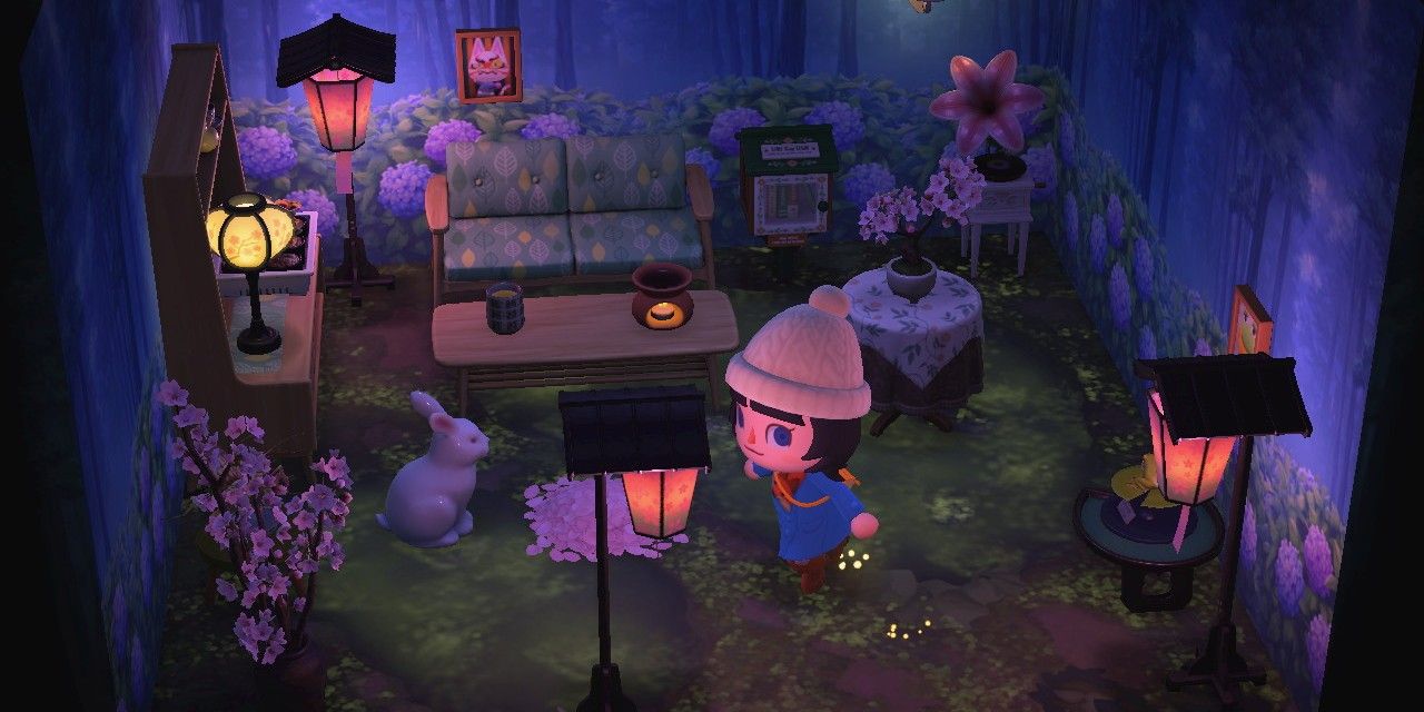 animal crossing new horizons villager in room with glowing moss flooring