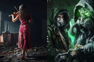 Chernobylite split image Woman in Red playing music in ruined building and two soldiers in gas masks