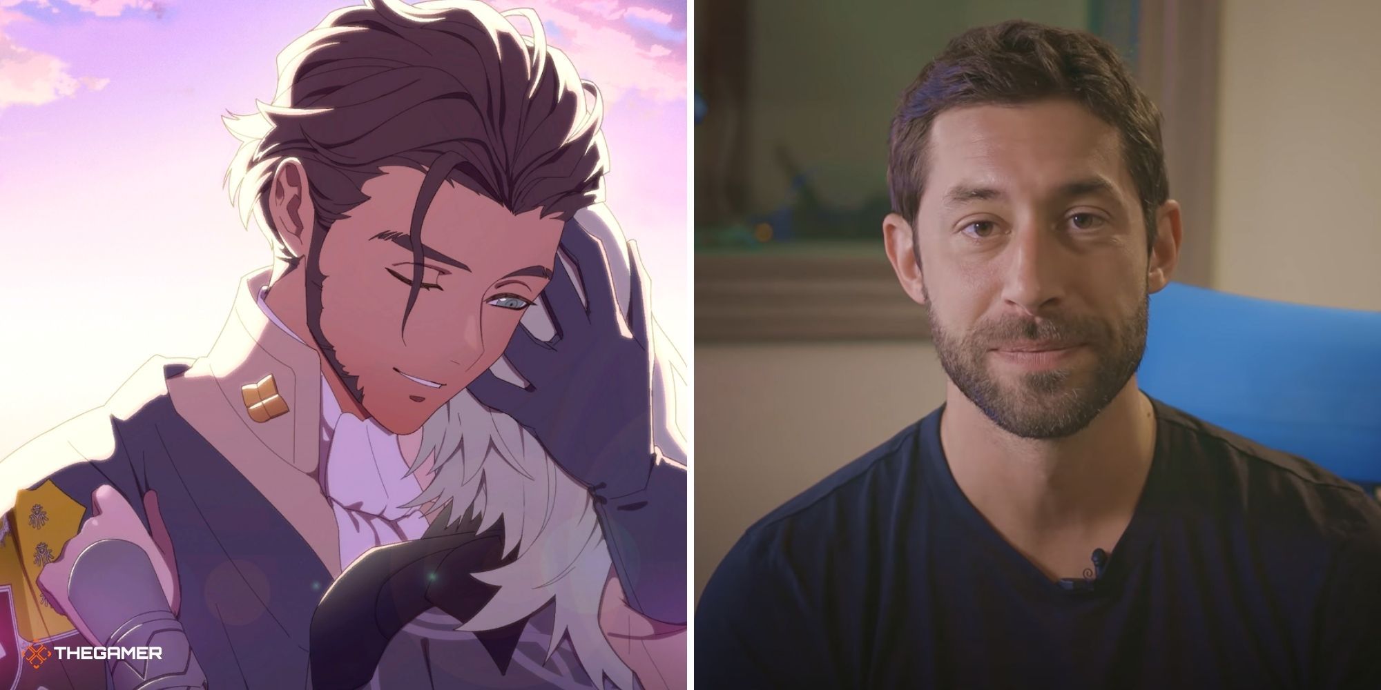 Claude from Fire Emblem Three Houses on left, actor Joe Zieja on right