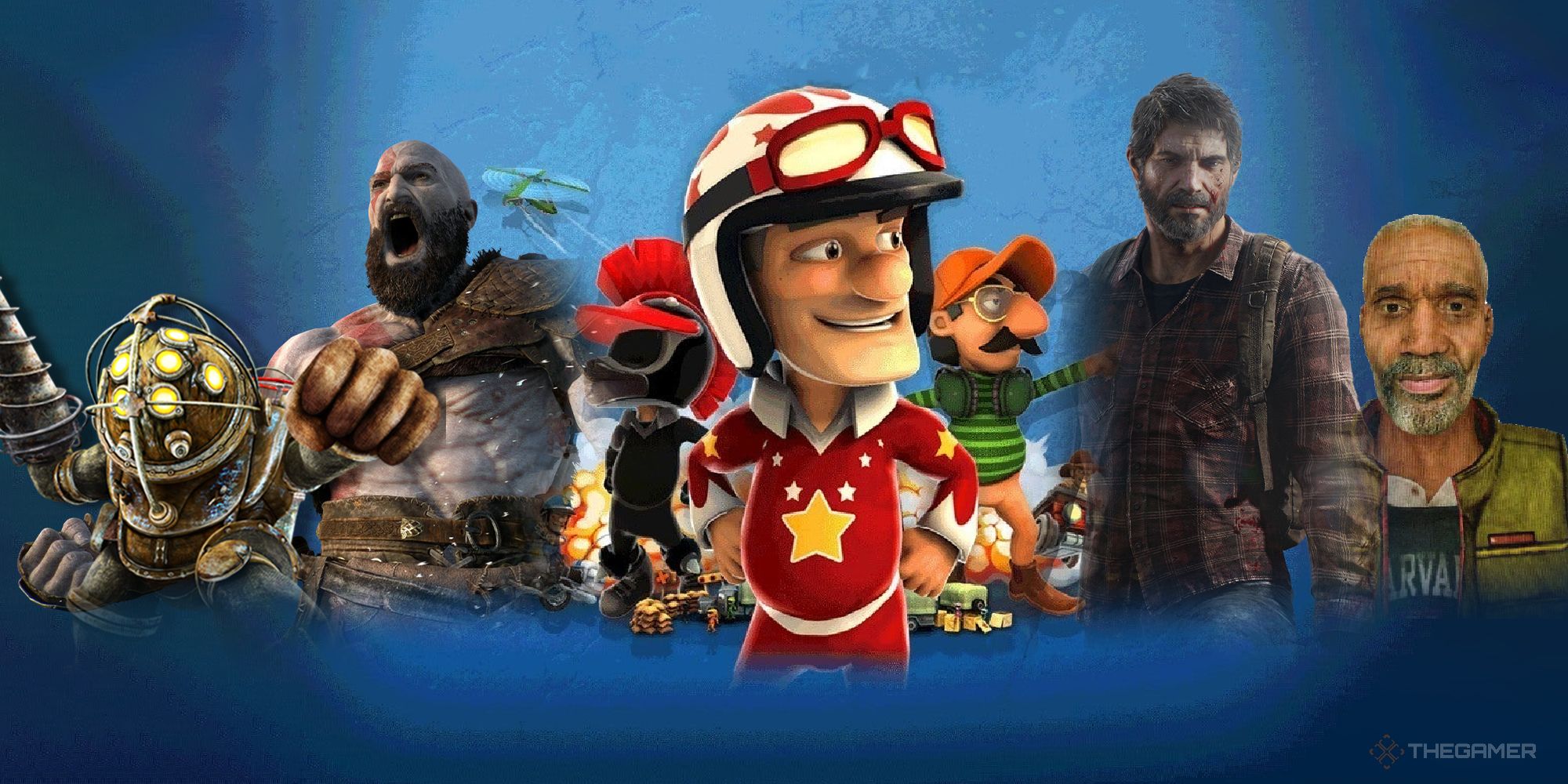 various game dads surrounding joe danger - joel, kratos, big daddy, others i don't know