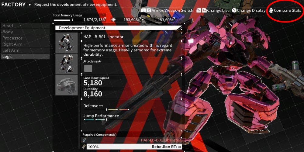 Daemon X Machina: Showing where to go to compare stats