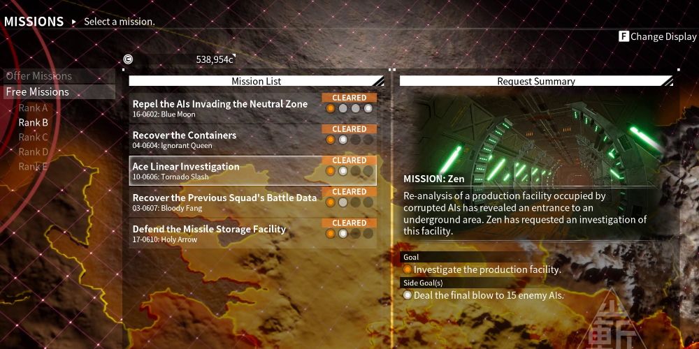 Daemon X Machina: Free Missions menu