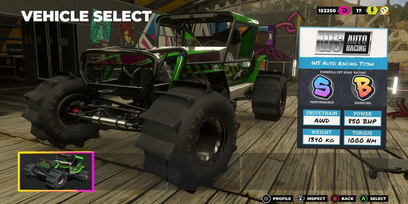 Dirt 5 Auto Racing Titan in Selection Menu with stats on car
