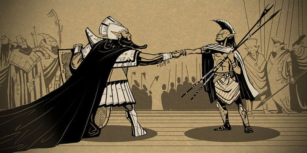 The Dwemer and Chimer shaking hands in the Elder Scrolls
