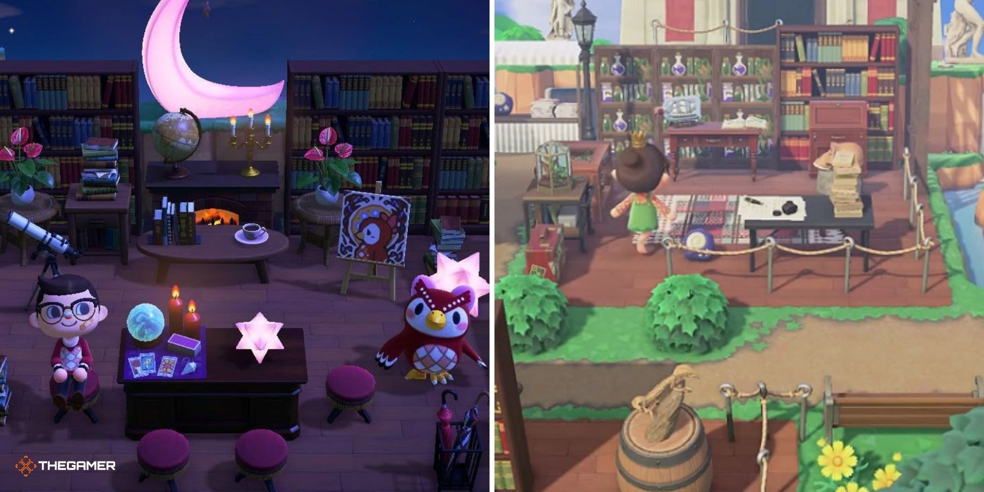 Examples of library spaces in Animal Crossing New Horizons