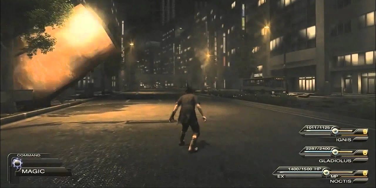 Noctis in the streets of Insomnia with UI, prototype gameplay
