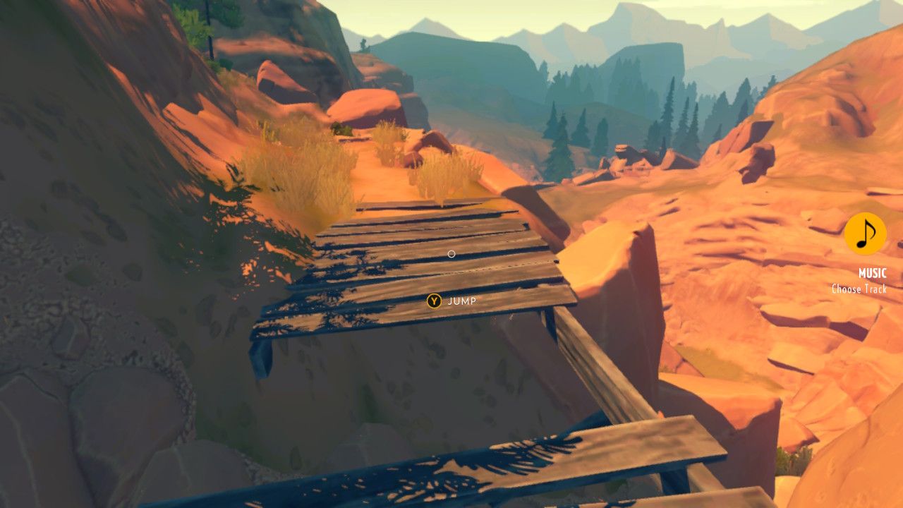 Firewatch - jumping over a broken bridge