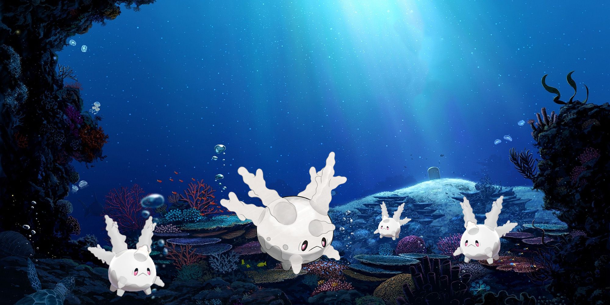A group of Galarian Corsola under the seas from Pokemon Sword and Shield