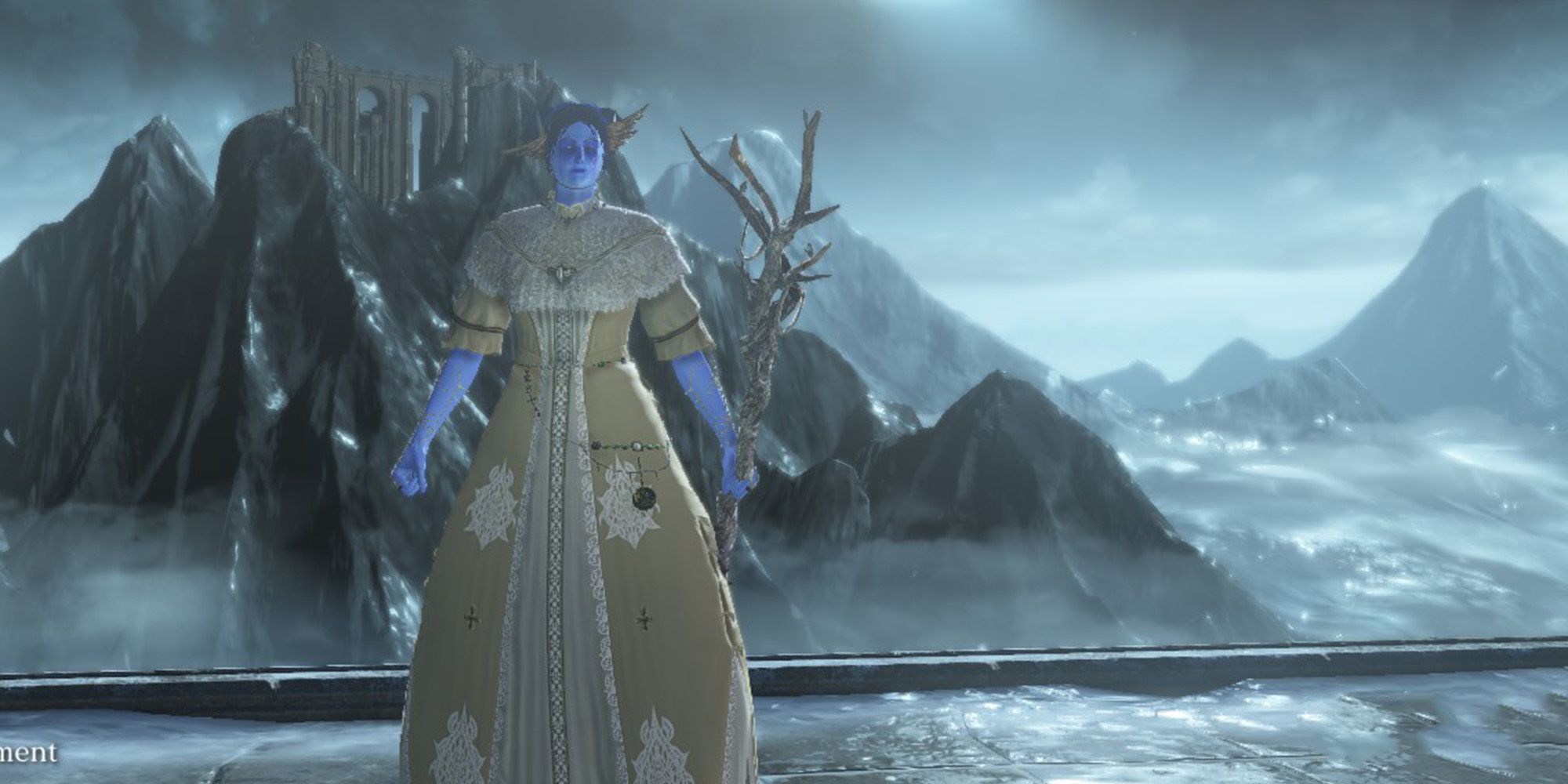 A Player wearing Dusk of Oolacile's Antiquated Armor set and wielding the Witchtree Branch staff in Dark Souls 3