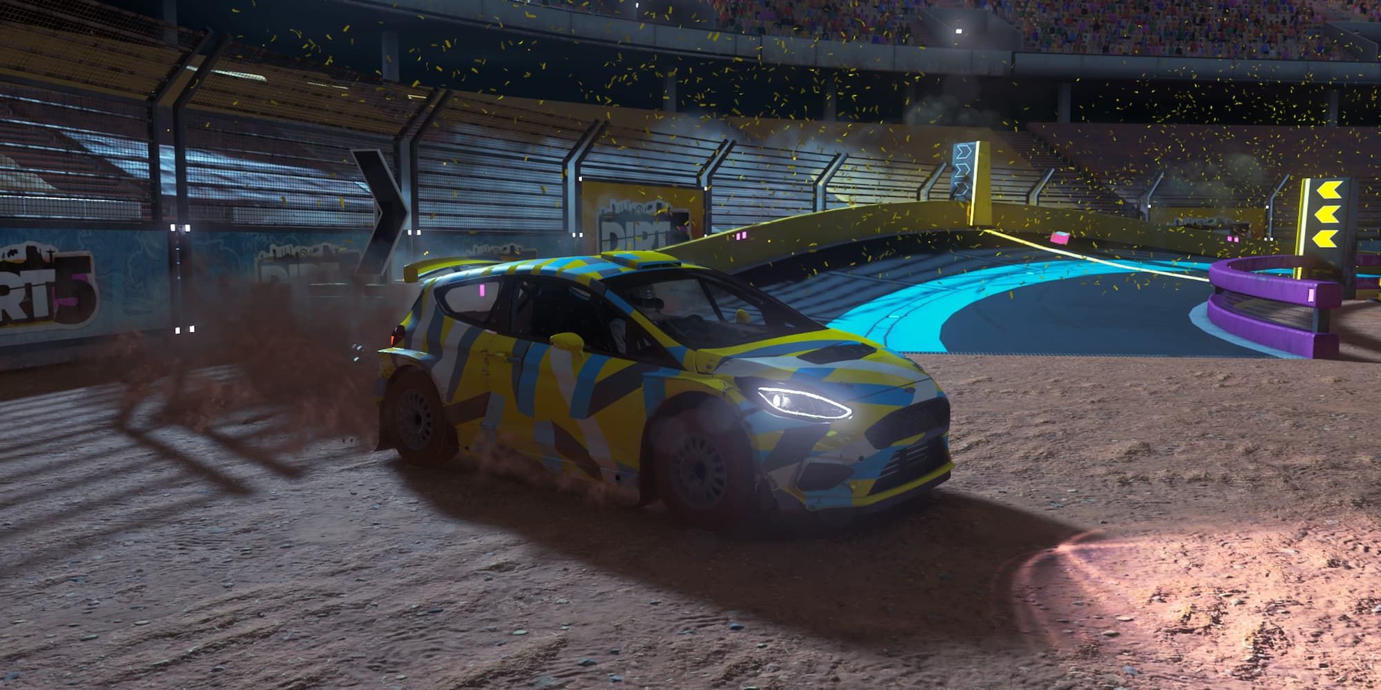 A Ford rally car drifting in a Gymkhana course