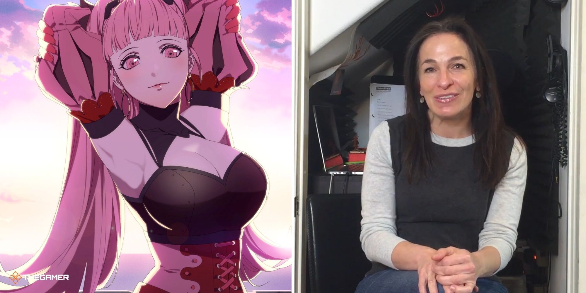 Hilda from Fire Emblem Three Houses on left, actor Salli Saffioti on right