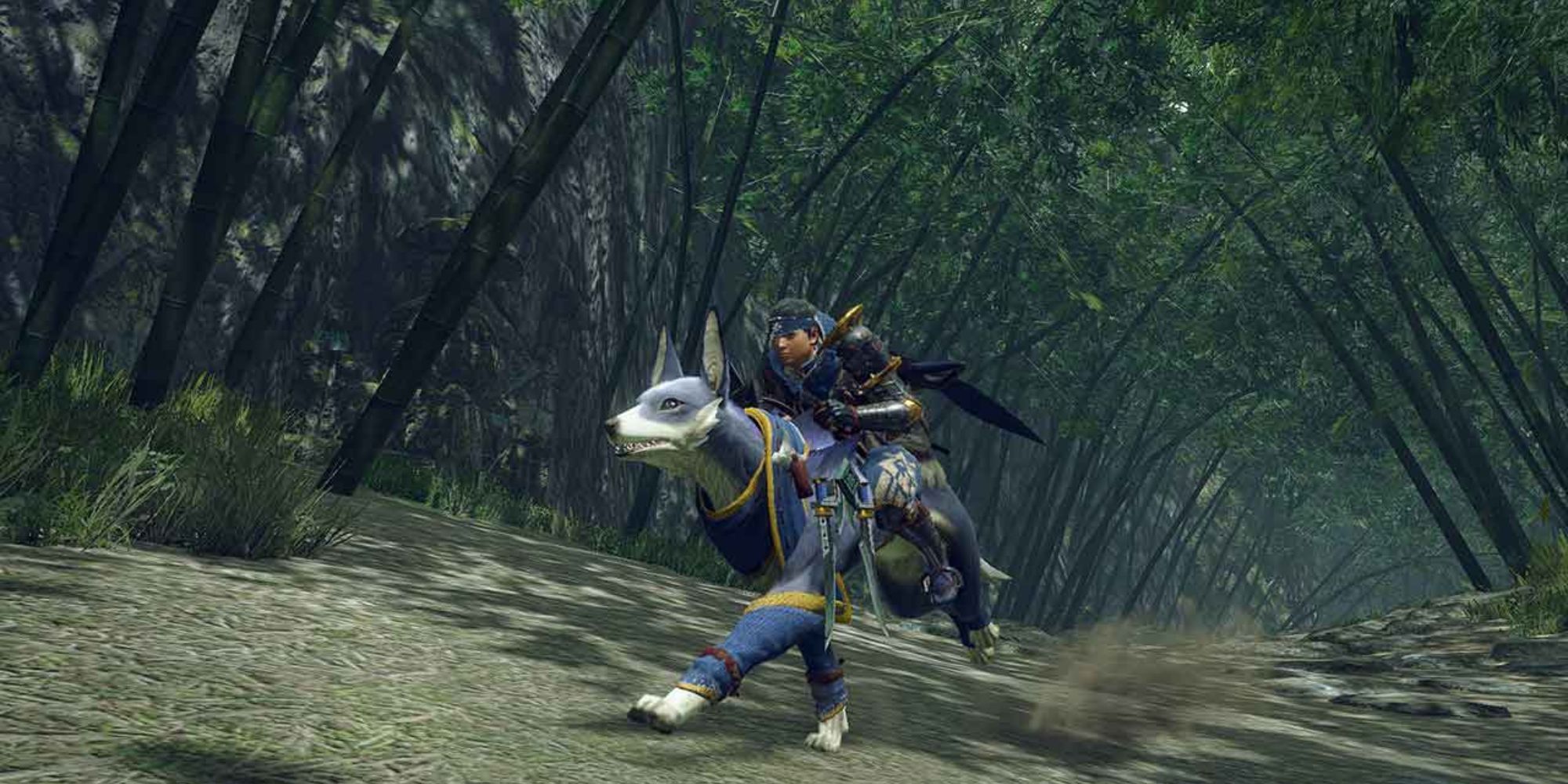 Hunter Riding On Palamute Through Bamboo Forest