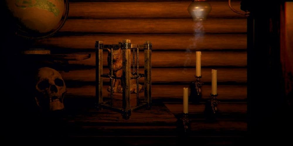 Several candles, a skull, and the Caged Wolf in Inscryption