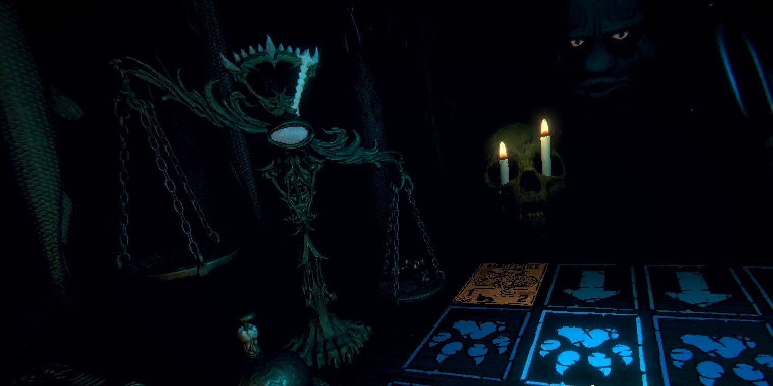 The Angler looking at the scales in Inscryption