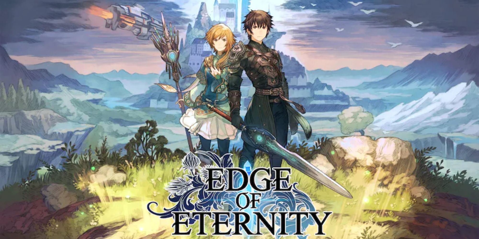 JRPG Battle Themes cover art for the game Edge Of Eternity featuring the characters Selene and Daryon stood on a field with the game's logo at their feet