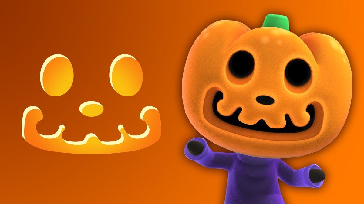 Jack-o-lantern headed Jack stands on an ombre orange background