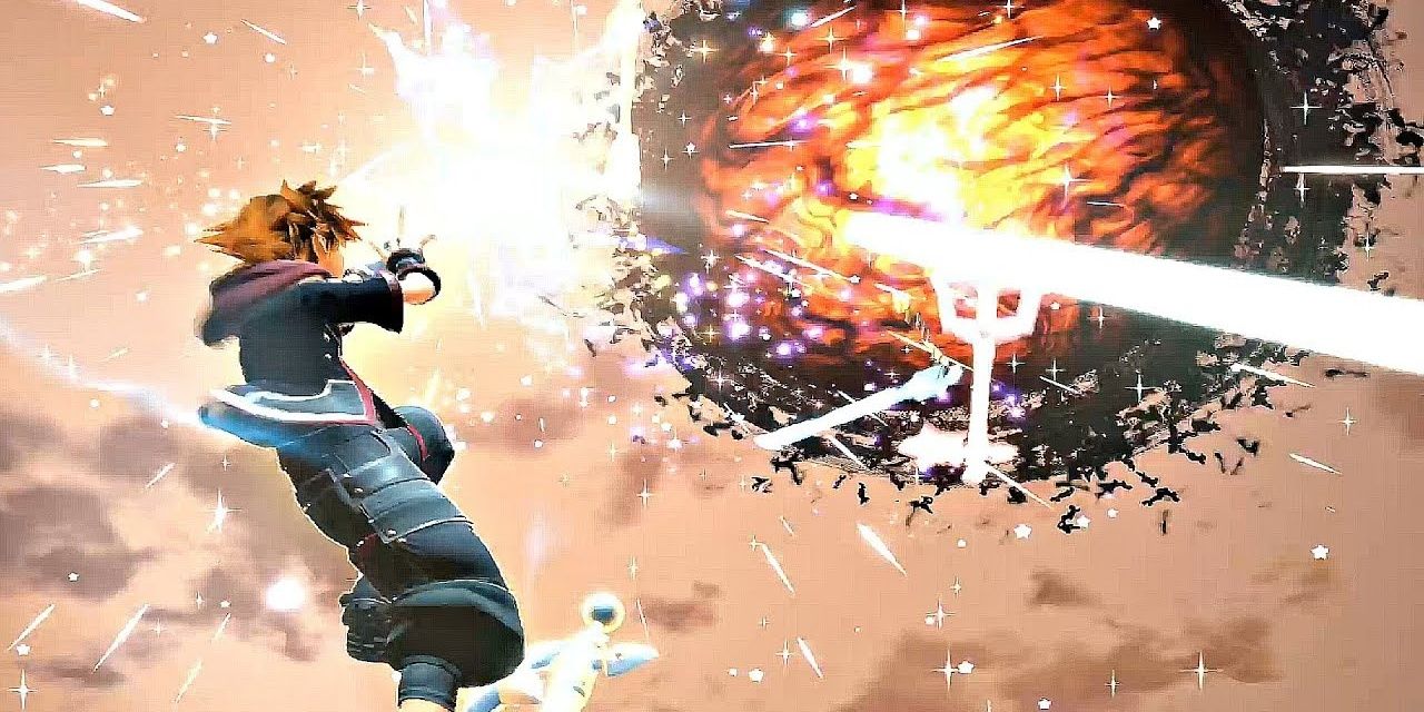 Sora shooting many keyblades at the Heartless