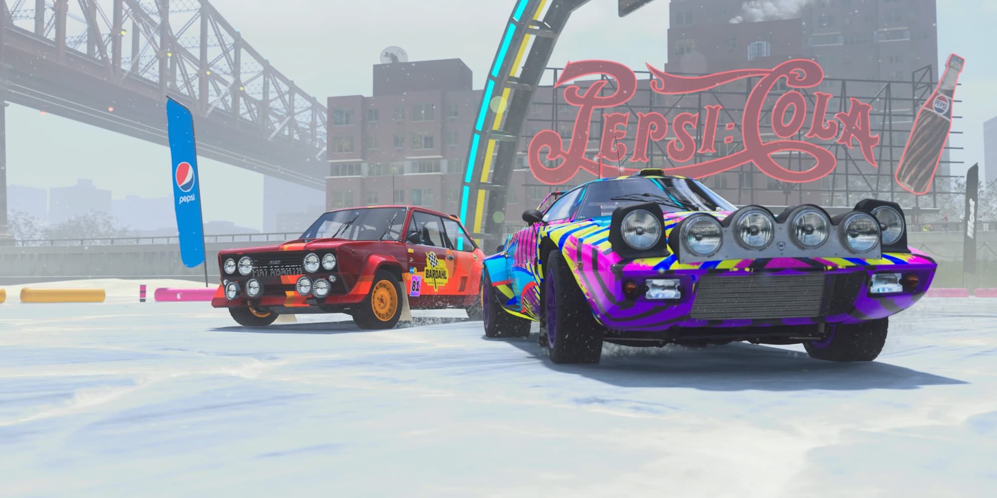 A Lancia Stratos and a Fiat Abarth on an ice track