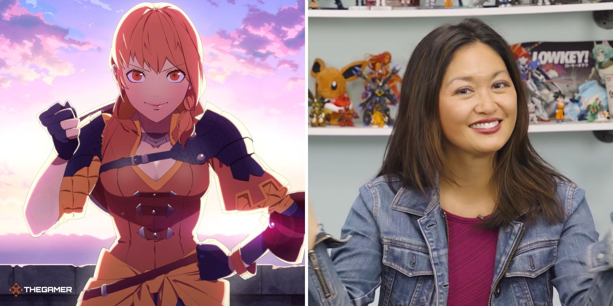 Leonie from Fire Emblem Three Houses on left, actor Ratana on right