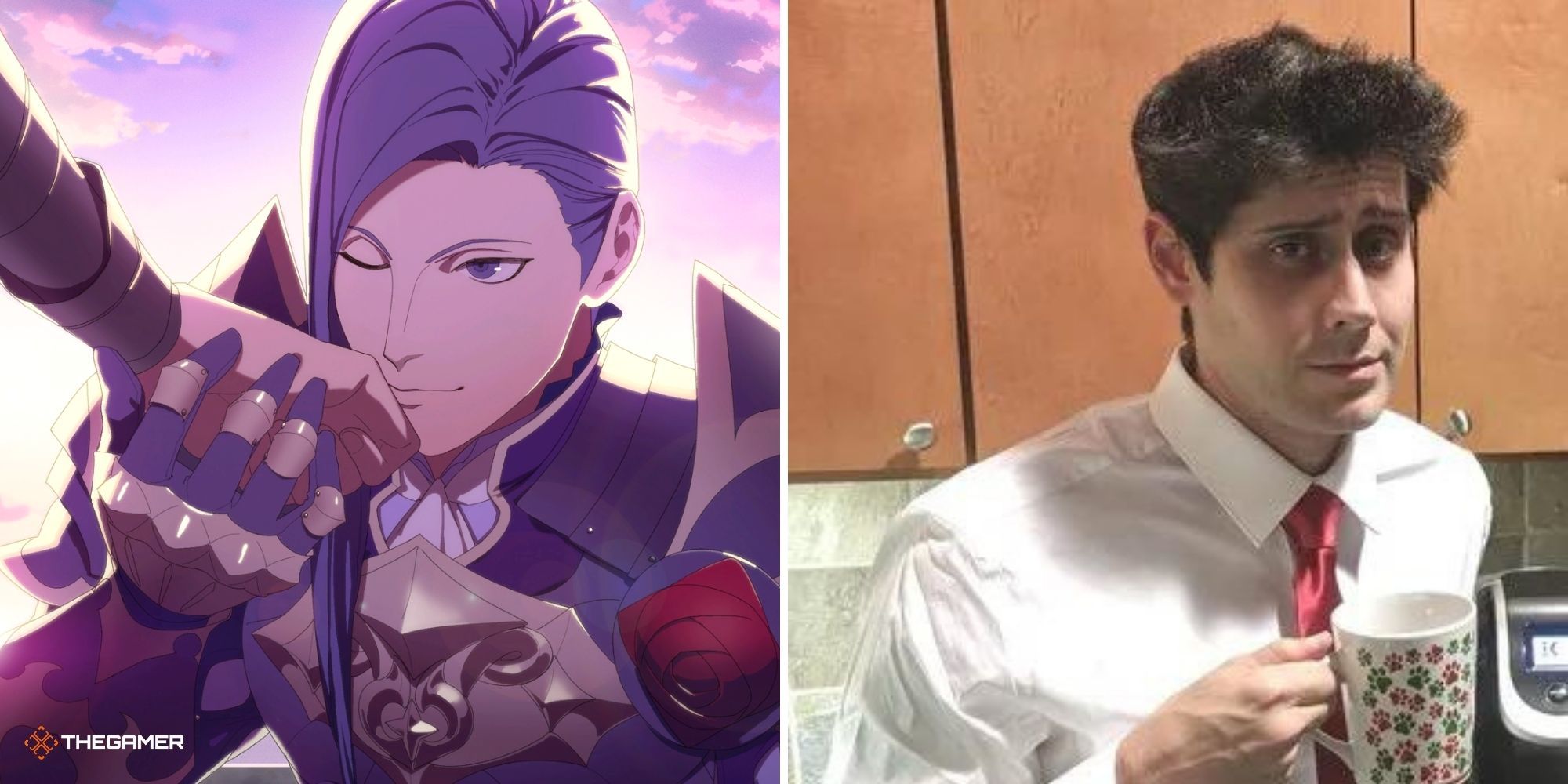 Lorenz from Fire Emblem Three Houses on left, actor Ben Diskin on right