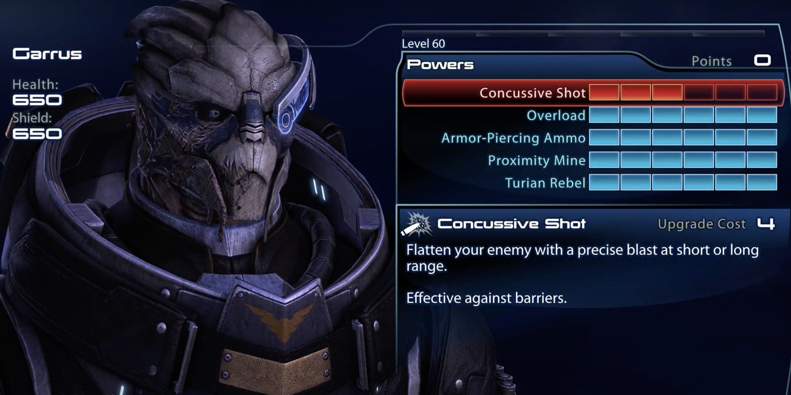 Mass Effect Garrus Concussive Shot Upgrade Menu