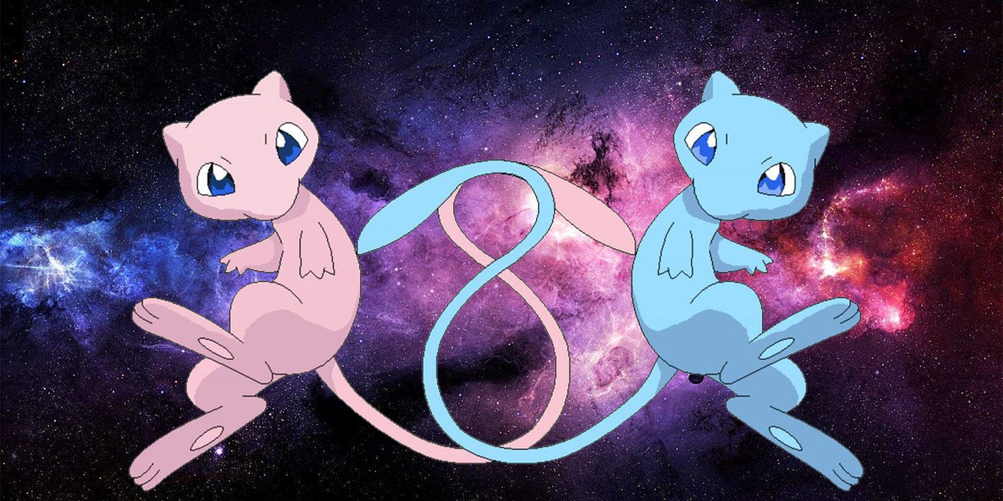 A Mew and a Shiny Mew drifting through space
