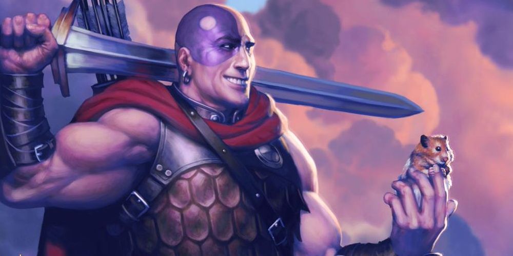 Minsc holding Boo with a big smile on his face (official art for their appearance in Neverwinter)