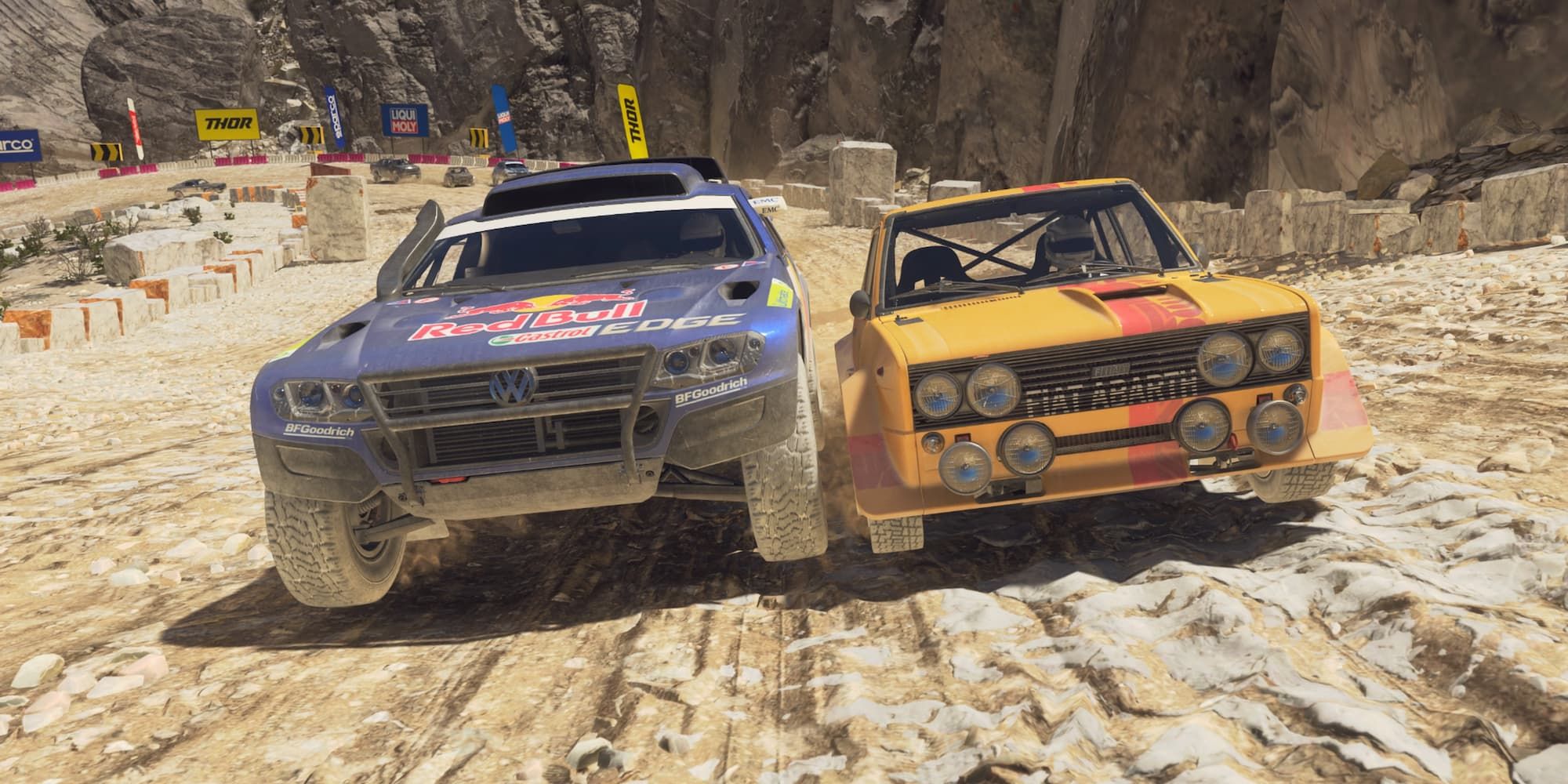 A Volkswagen and a Fiat Abarth racing side-by-side