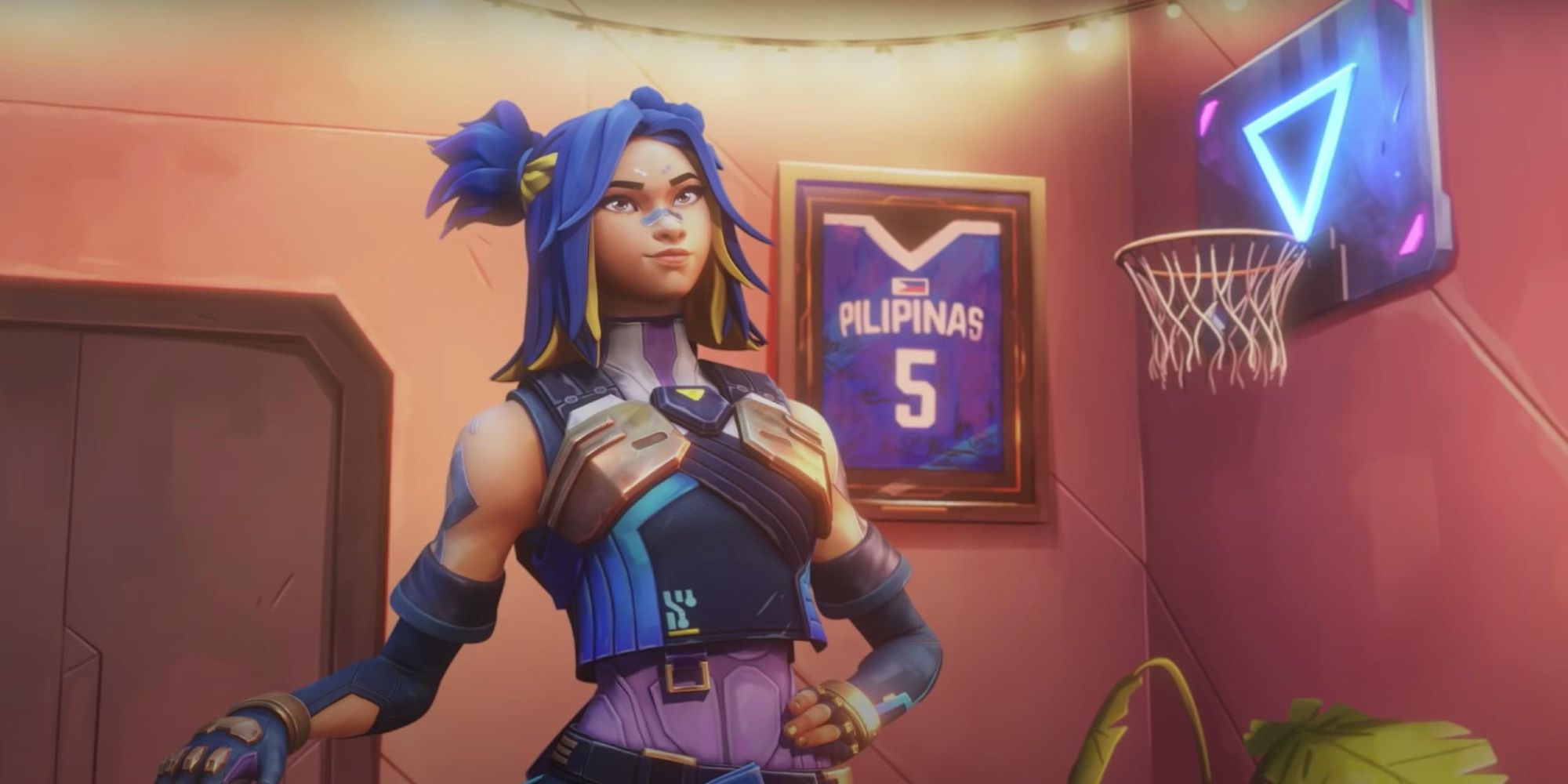 Neon with a Philippines basketball jersey in the background in Valorant