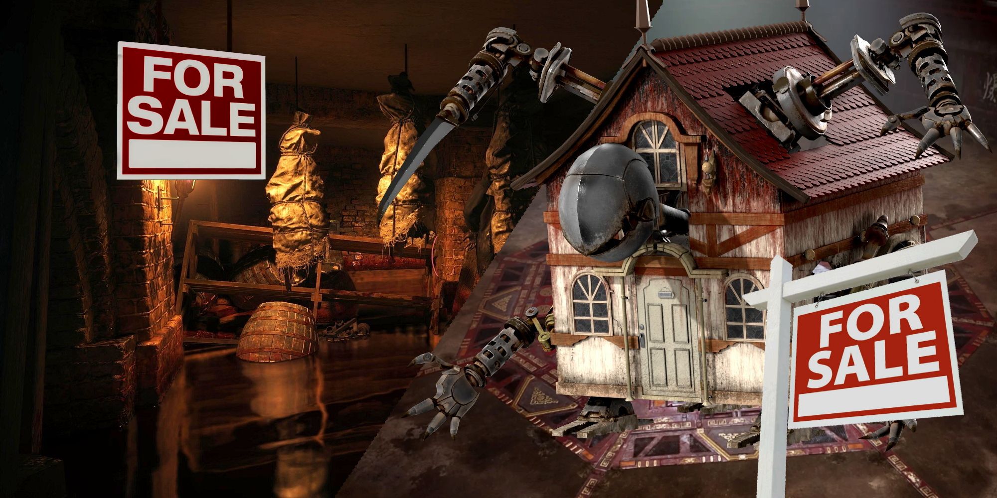 Nightmare Real Estate Featured Image: With the basement of Castle Dimitrescu from Resident Evil Village and the Hell House boss from Final Fantasy 7 Remake on display. Both properties have for sale signs. 
