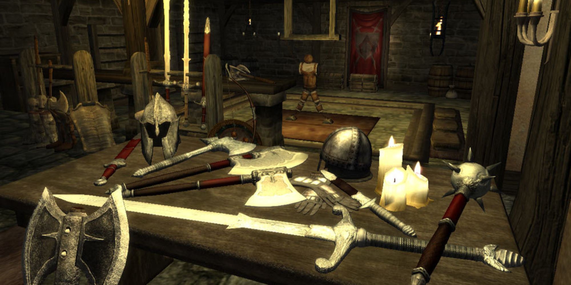 Oblivion Table of Weapons With Dummy In The Background