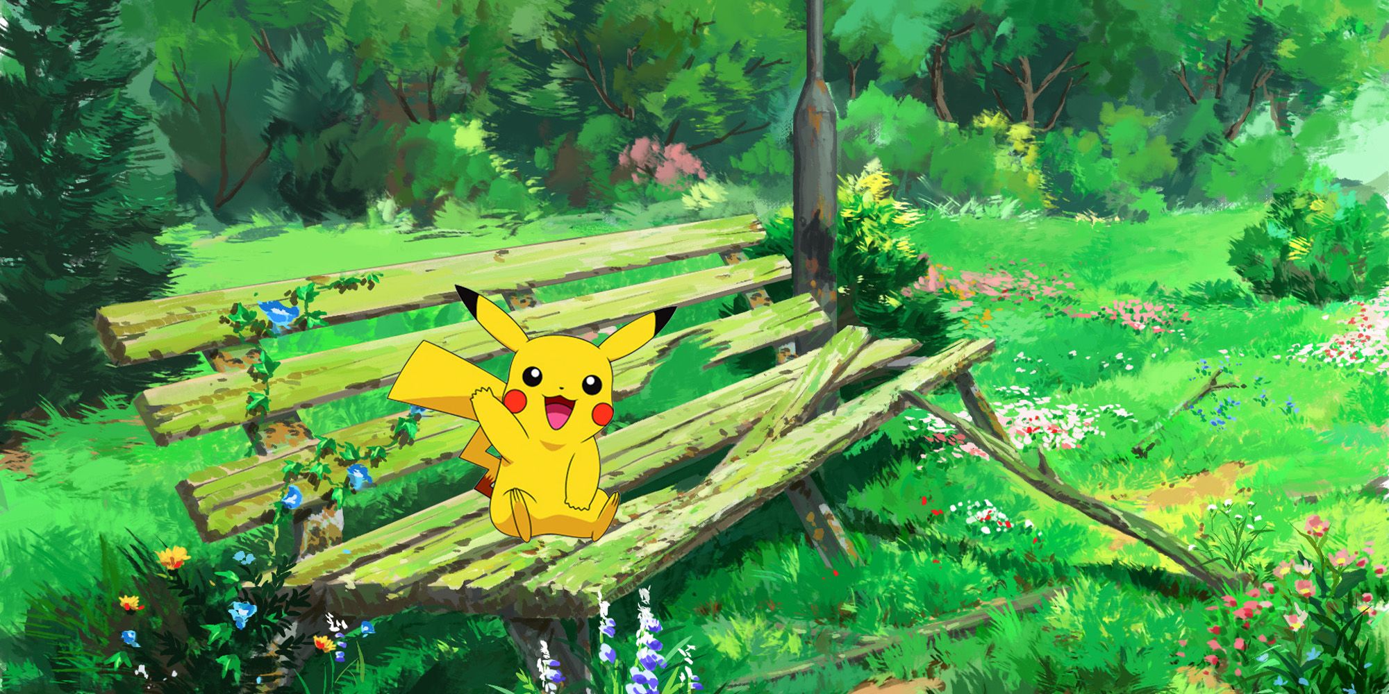 Pikachu from Pokemon Red and Blue sitting on a Bench
