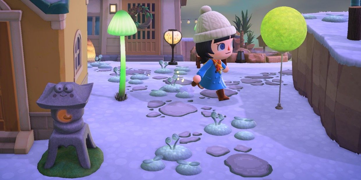 animal crossing new horizons villager in snow running through glowing moss