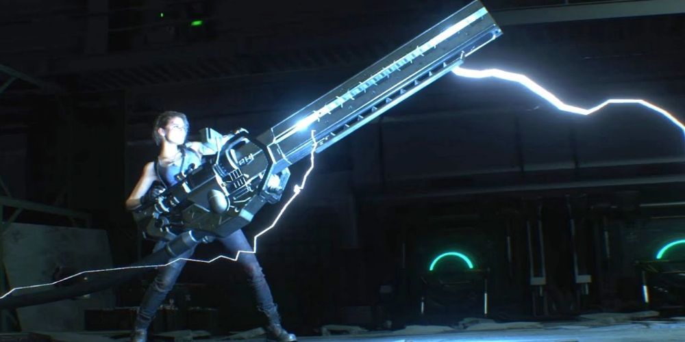 Jill using the Rail Gun in Resident Evil 3