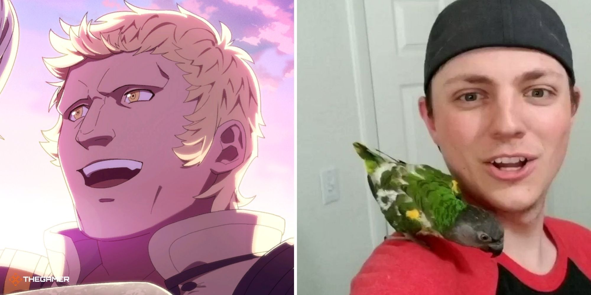 Raphael from Fire Emblem Three Houses on left, actor Zachary T Rice on right