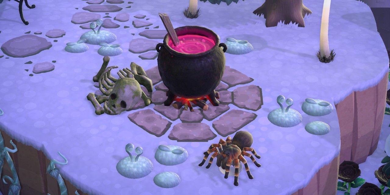 animal crossing new horizons suspicious cauldron and skeleton in snow