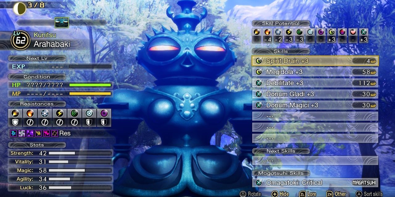 An image of the Arahabaki boss being scanned in SMT 5 Vengance, with it's stats and information on full display, providing an overview of the boss for the player