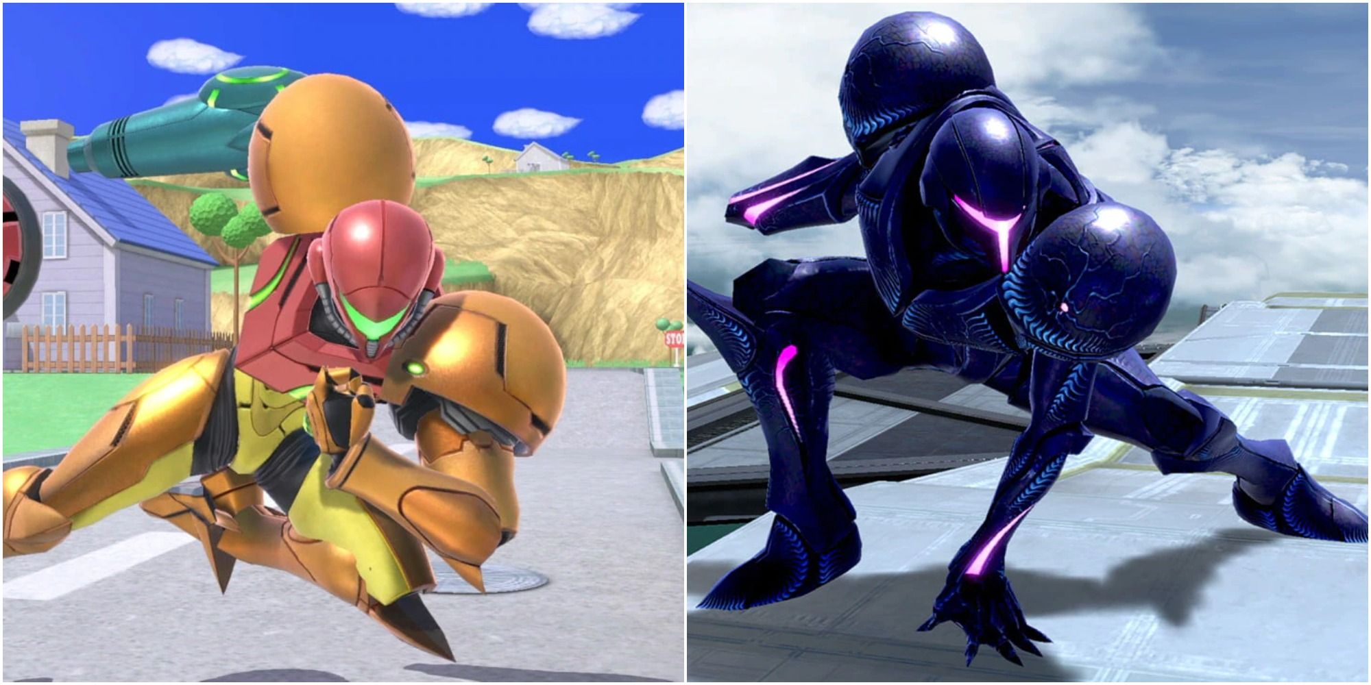 Super Smash Bros. Ultimate split image Samus and Dark Samus Crouching