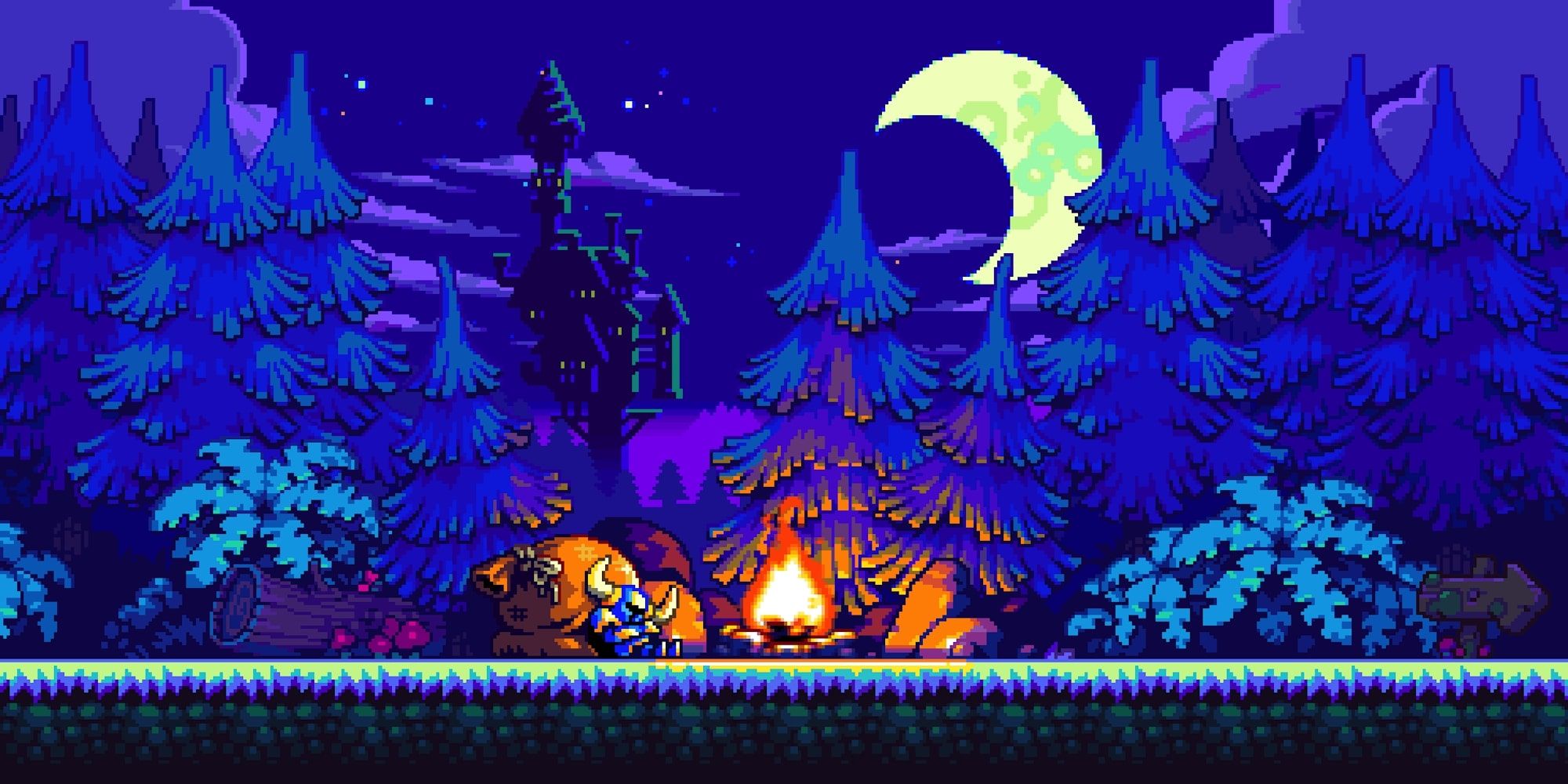Shovel Knight resting by a campfire at night