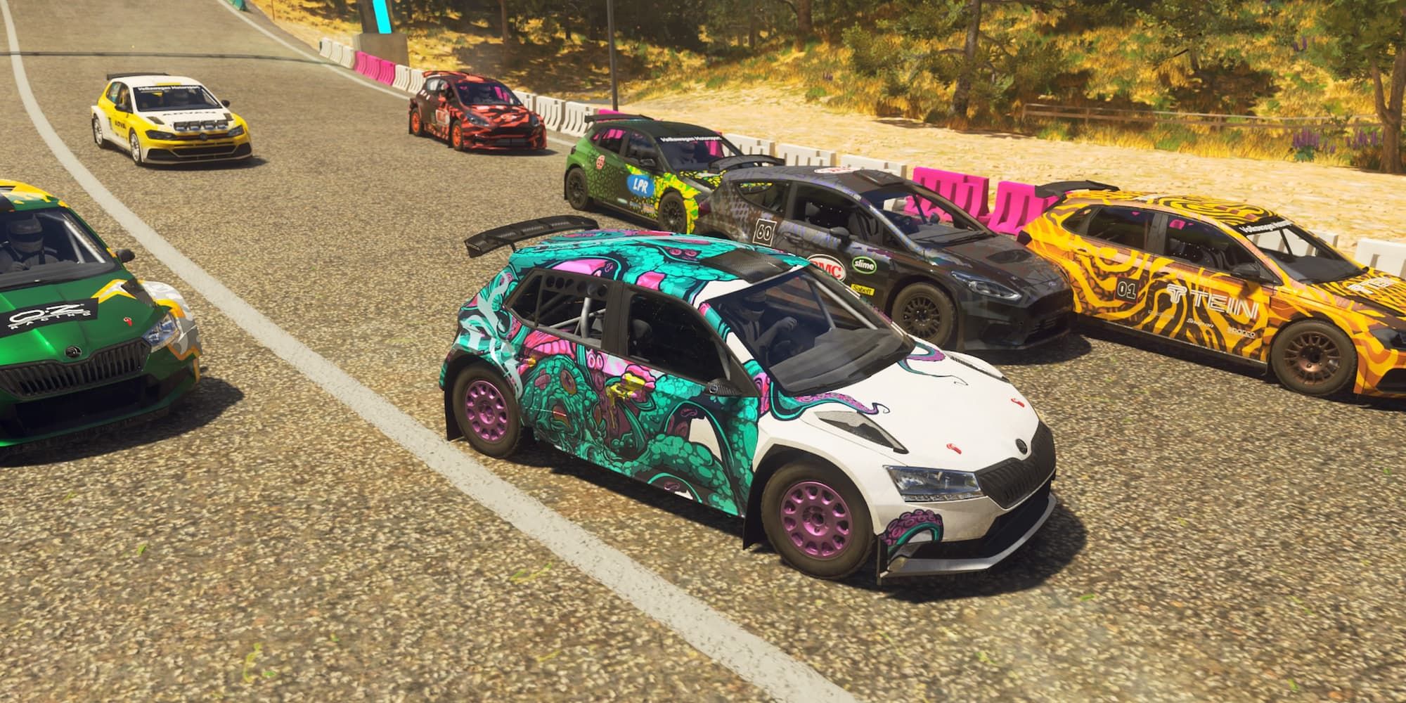Skoda amidst a group of rally cars
