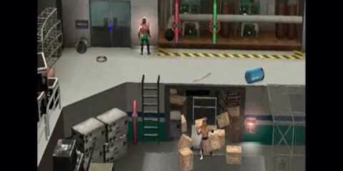 A backstage fight between Edge and Chris Jericho in Smackdown Here Comes the Pain. Note the arrow by the door that lets you move to a different part of the arena