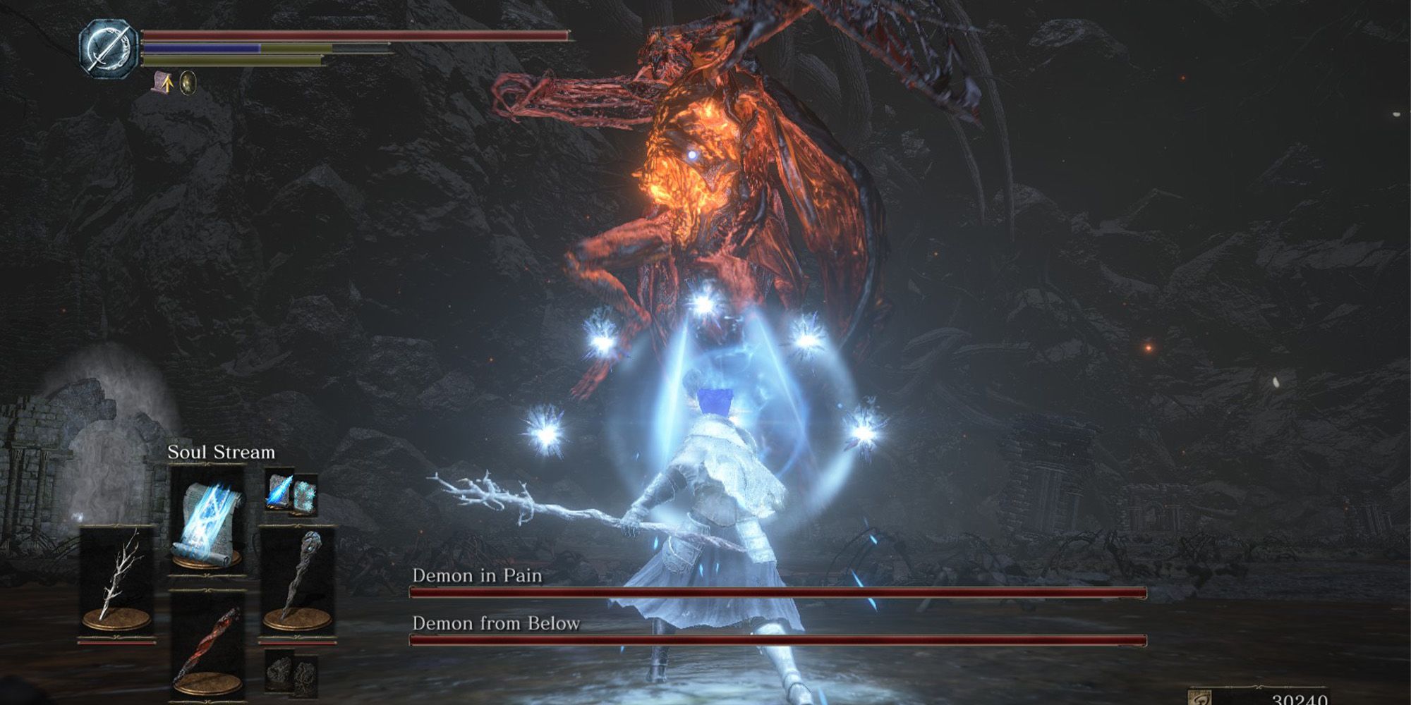 Feature Image for a complete list of Sorceries in Dark Souls 3 player taking on The Demon From Below And The Demon In Pain with Soul Stream