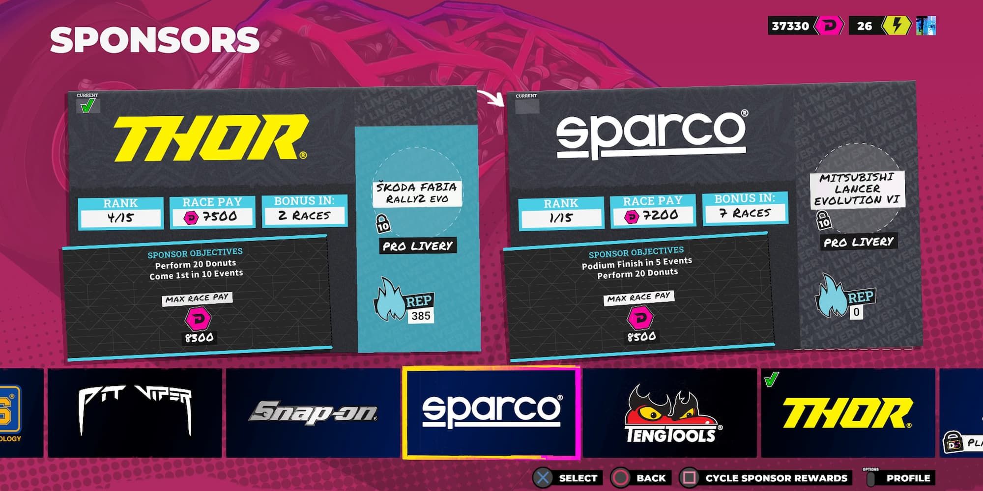 Sponsor rewards from Thor and Sparco