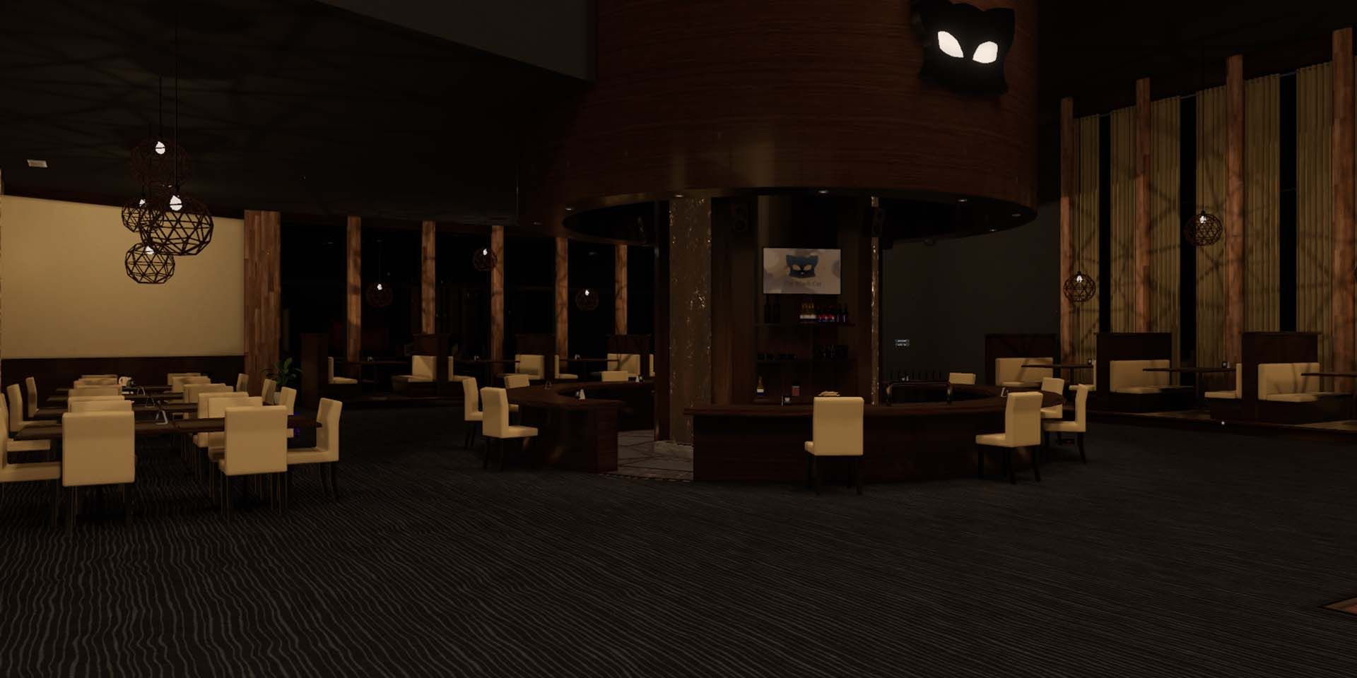 A restaurant in the VRChat World "The Black Cat"