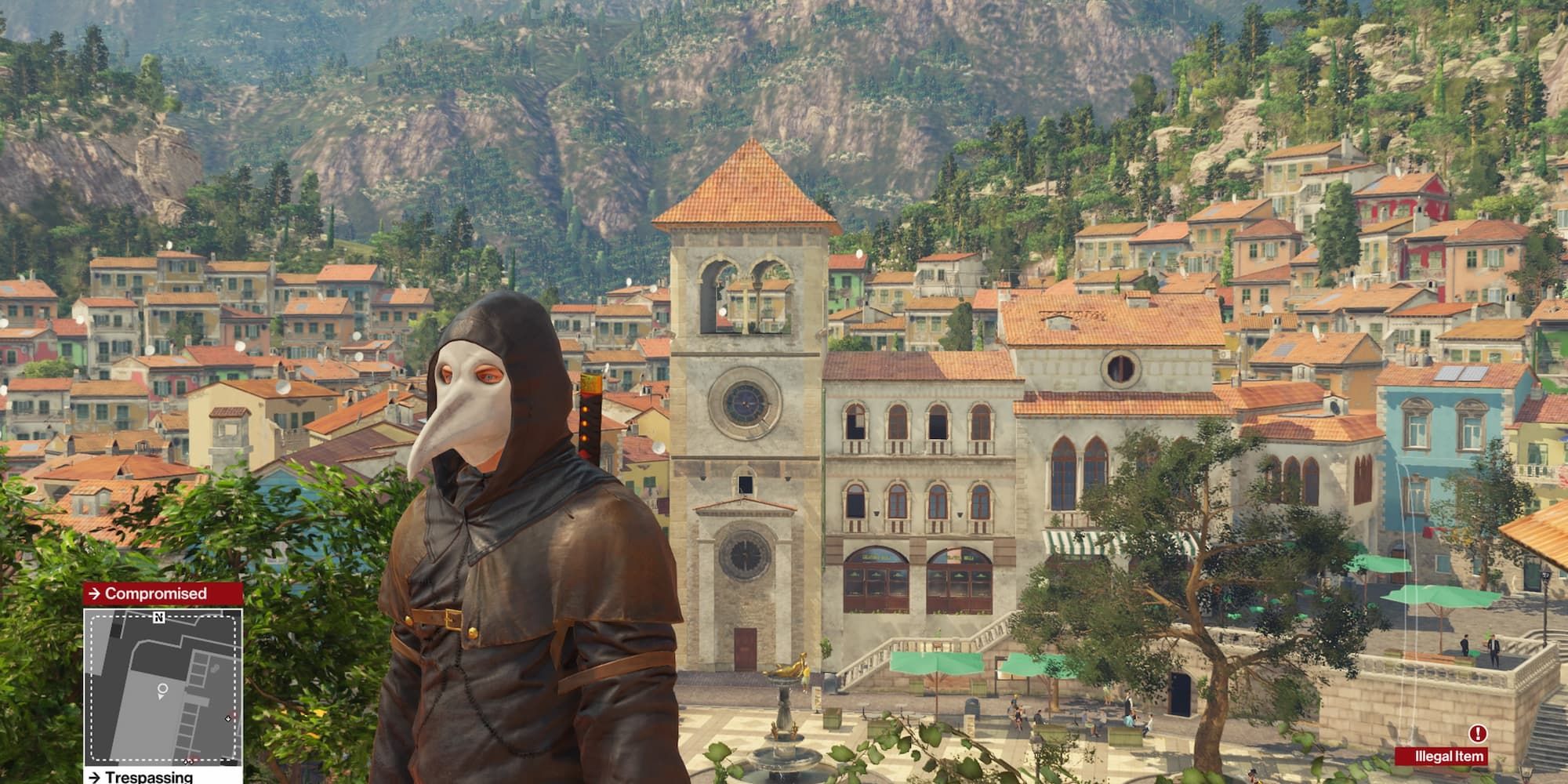 47 dressed as a plague doctor with the clock tower behind him