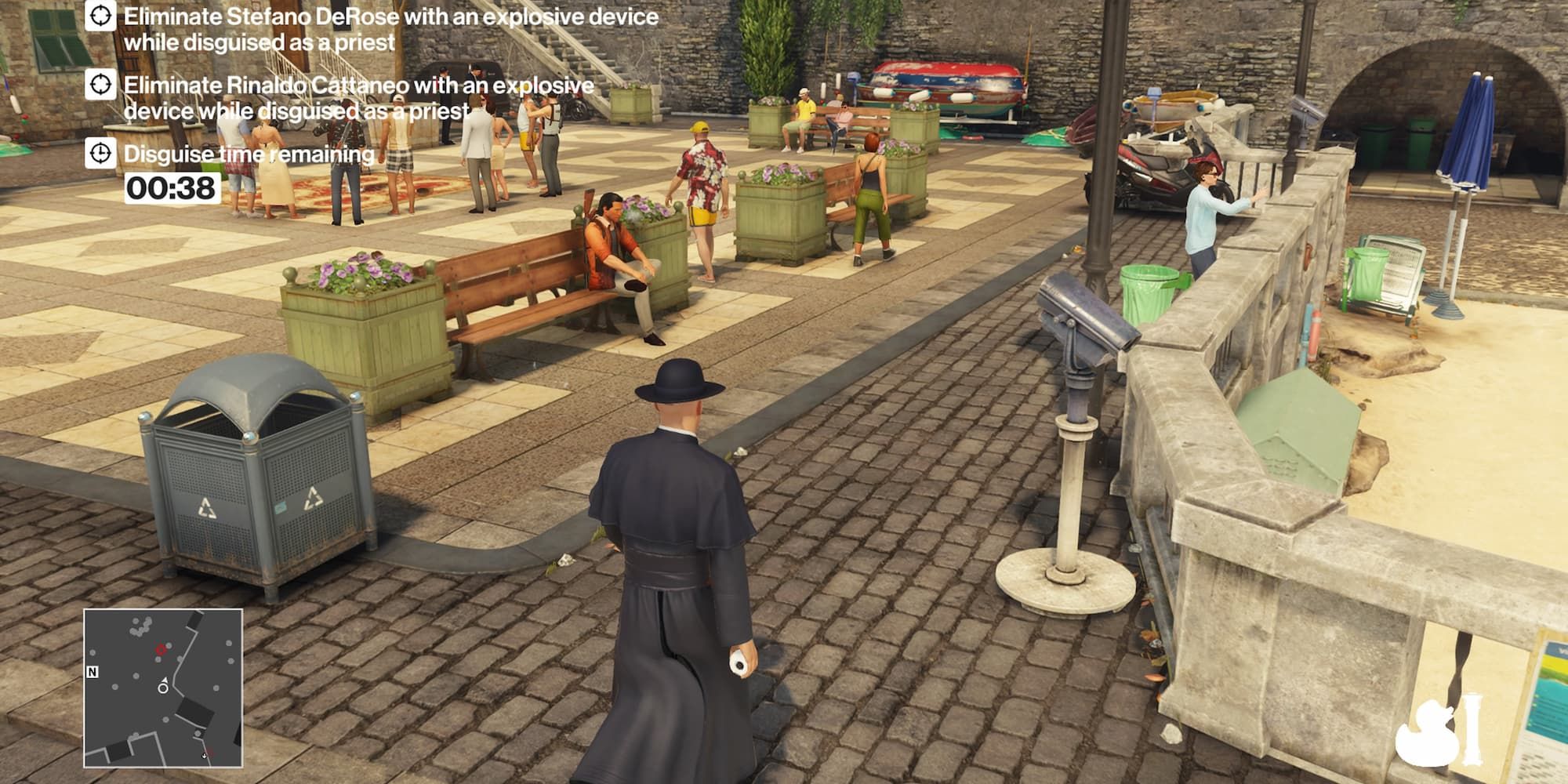 47 in a priest outfit holding an explosive rubber duck