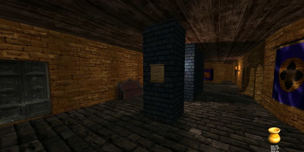 Thief: Showing a hallway lit by torches which create a number of shadowy spaces to hide