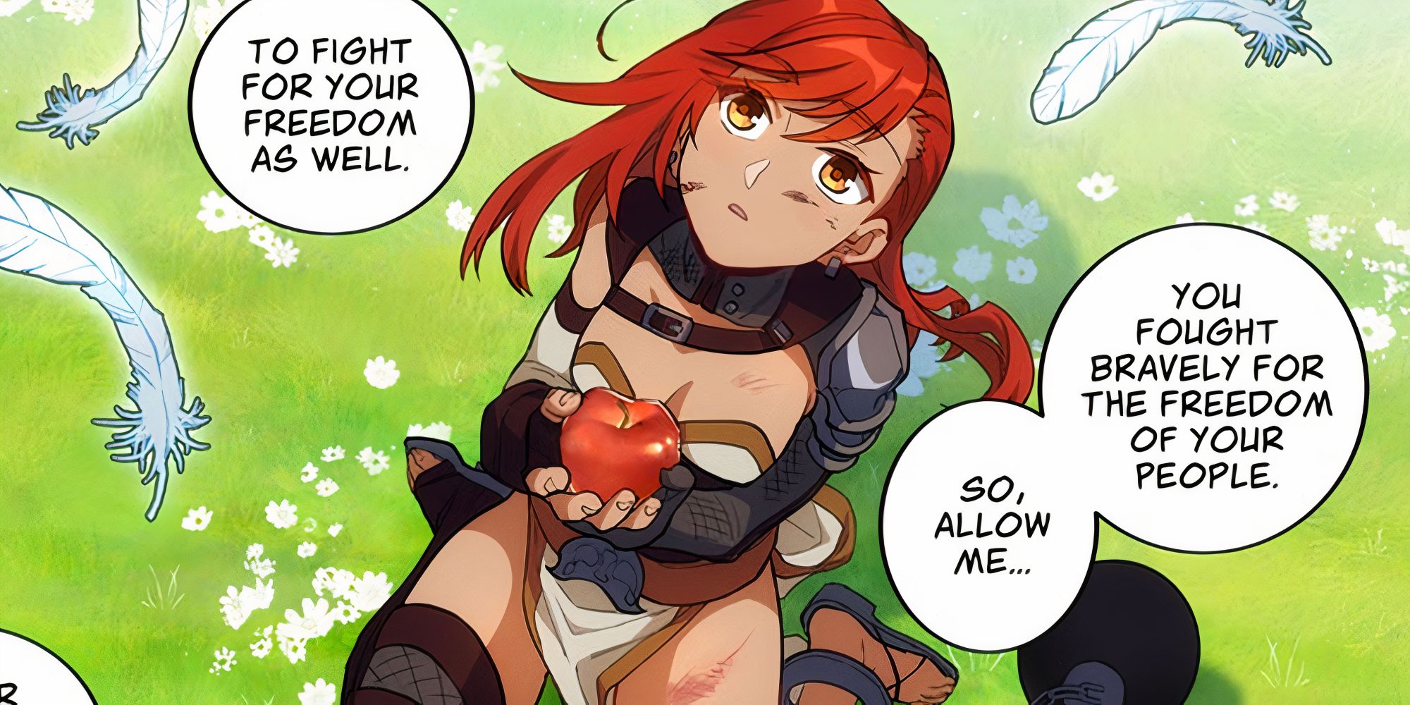 Genshin Impact manga Vennessa on knees while holding an apple and surrounded by feathers