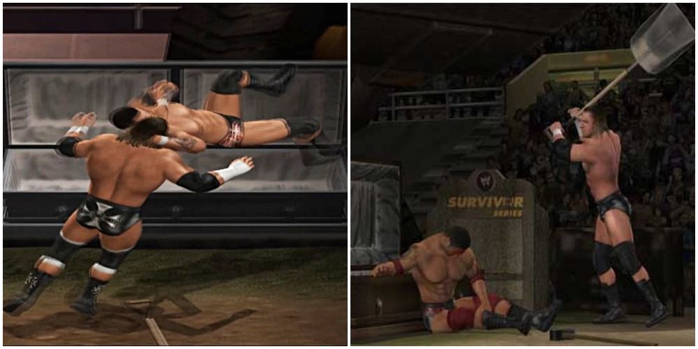 Two screenshots depicting WWE wrestlers in Buried Alive matches in WWE games.